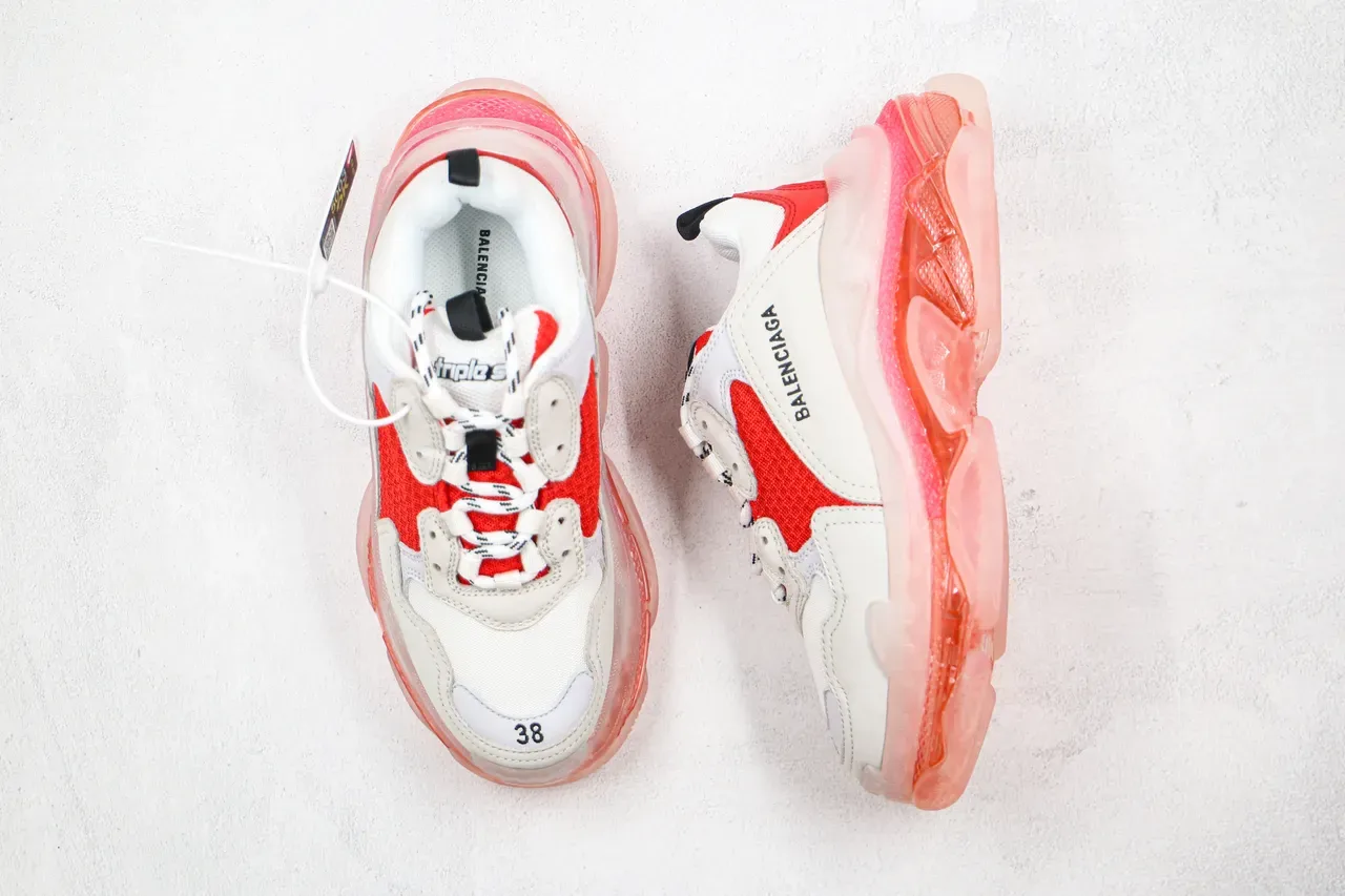 Balenciaga Triple S White and Red Translucent Sole Chunky Sneakers 10