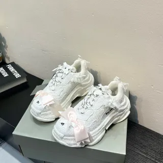 Balenciaga Triple S White Pink Oversized Sole Lace-Patterned Textile Upper Chunky Sneakers