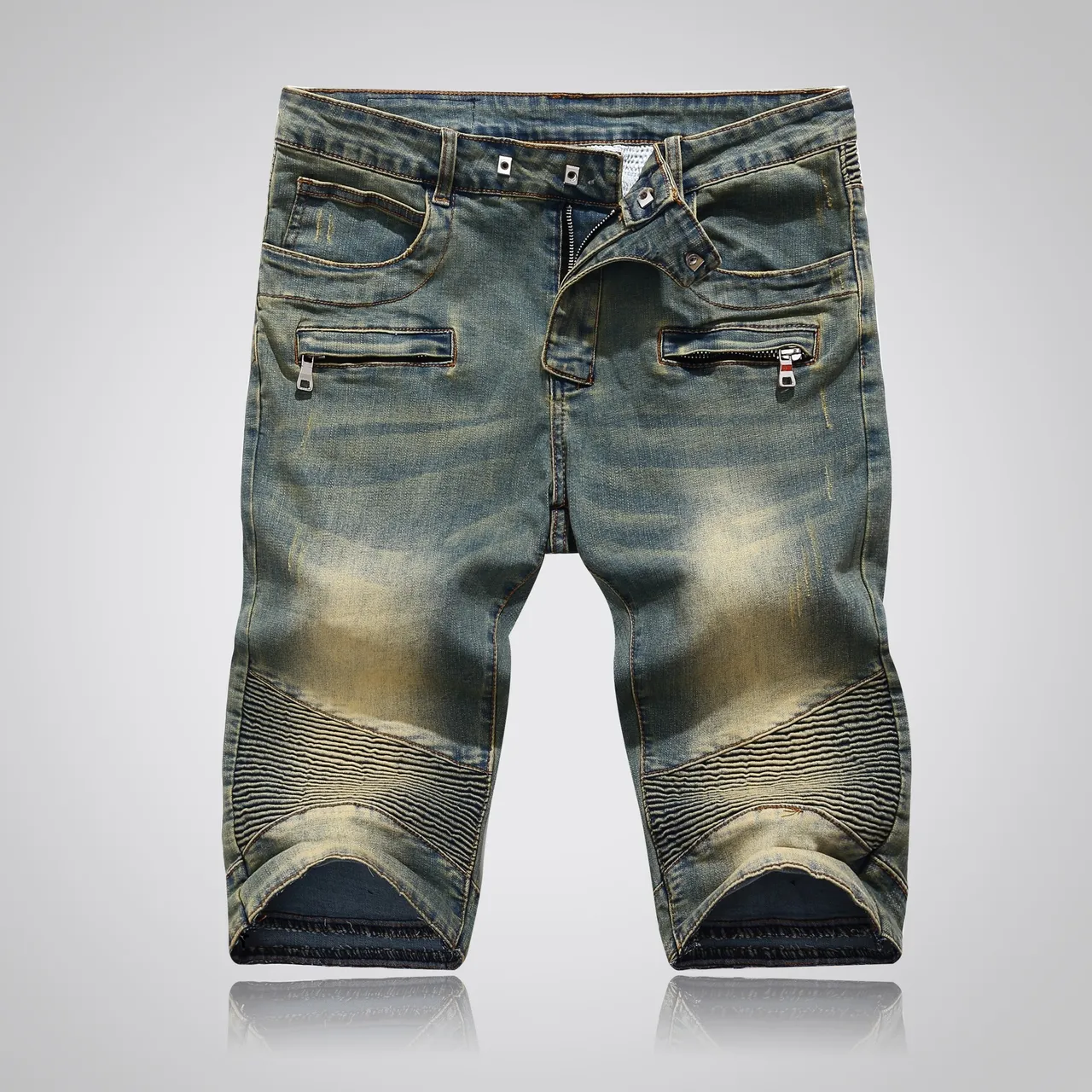 Balmain Bleu Beige usé lavage moyen denim à fermeture éclair poches avant shorts 17