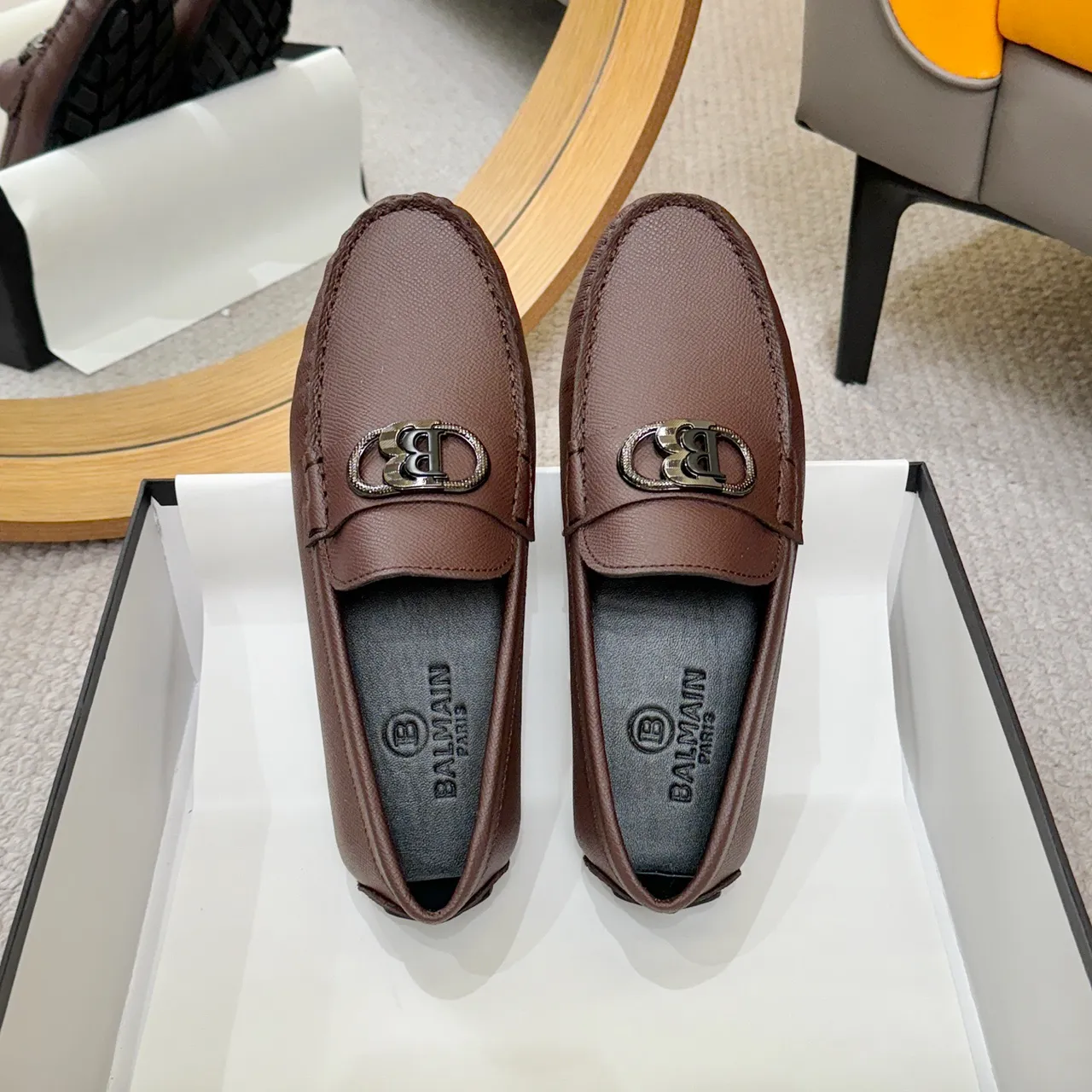 Balmain Brown Black Pebbled Leather Metal Monogram Buckle Loafer 2