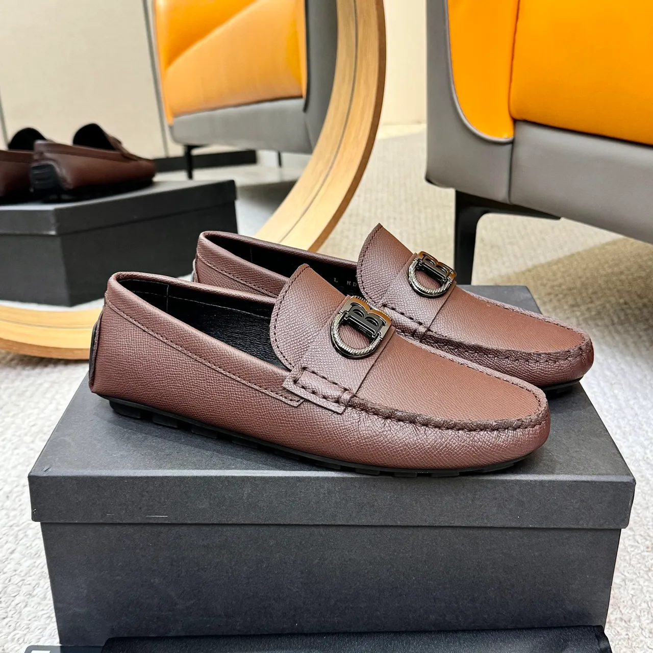 Balmain Brown Black Pebbled Leather Metal Monogram Buckle Loafer 3