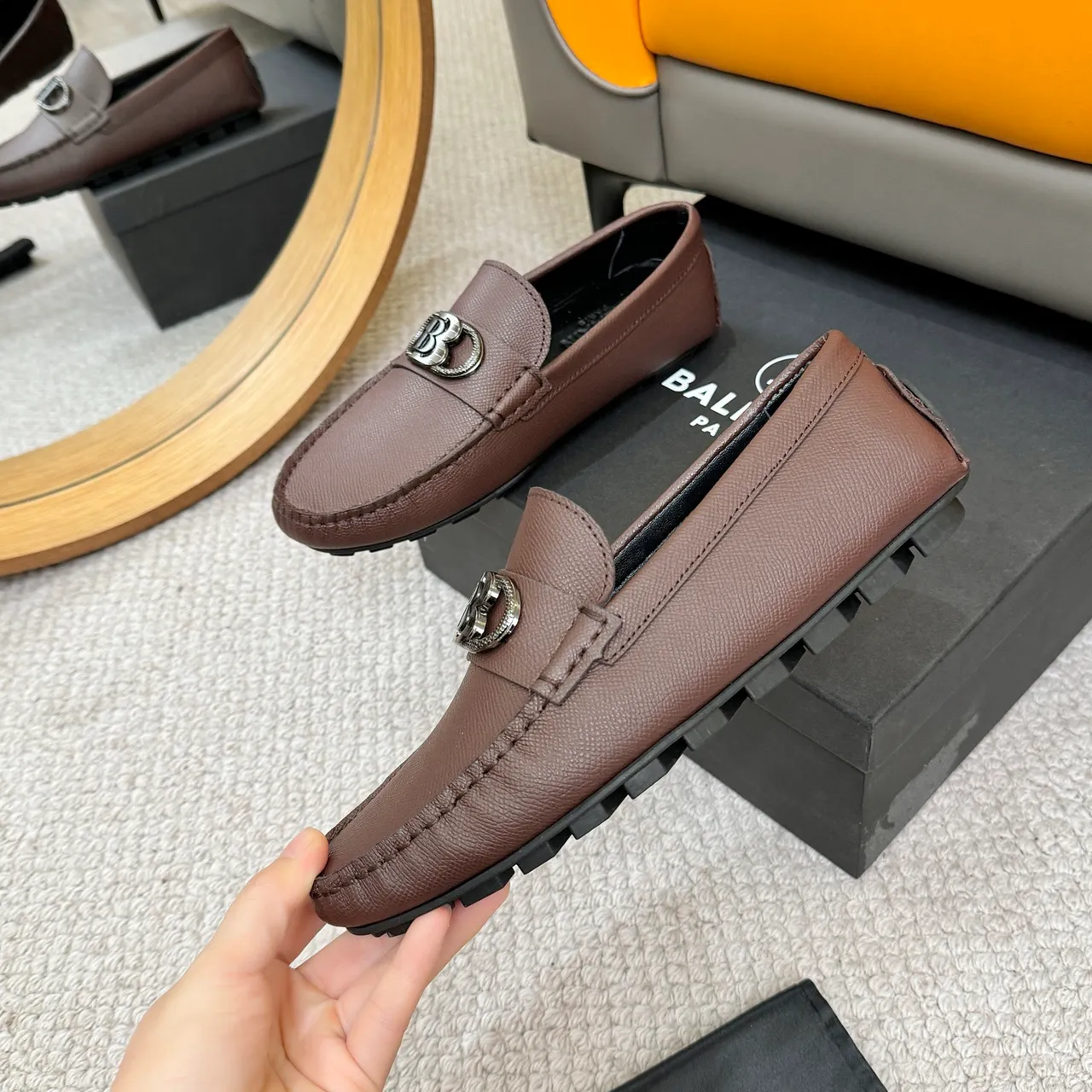 Balmain Brown Black Pebbled Leather Metal Monogram Buckle Loafer 4