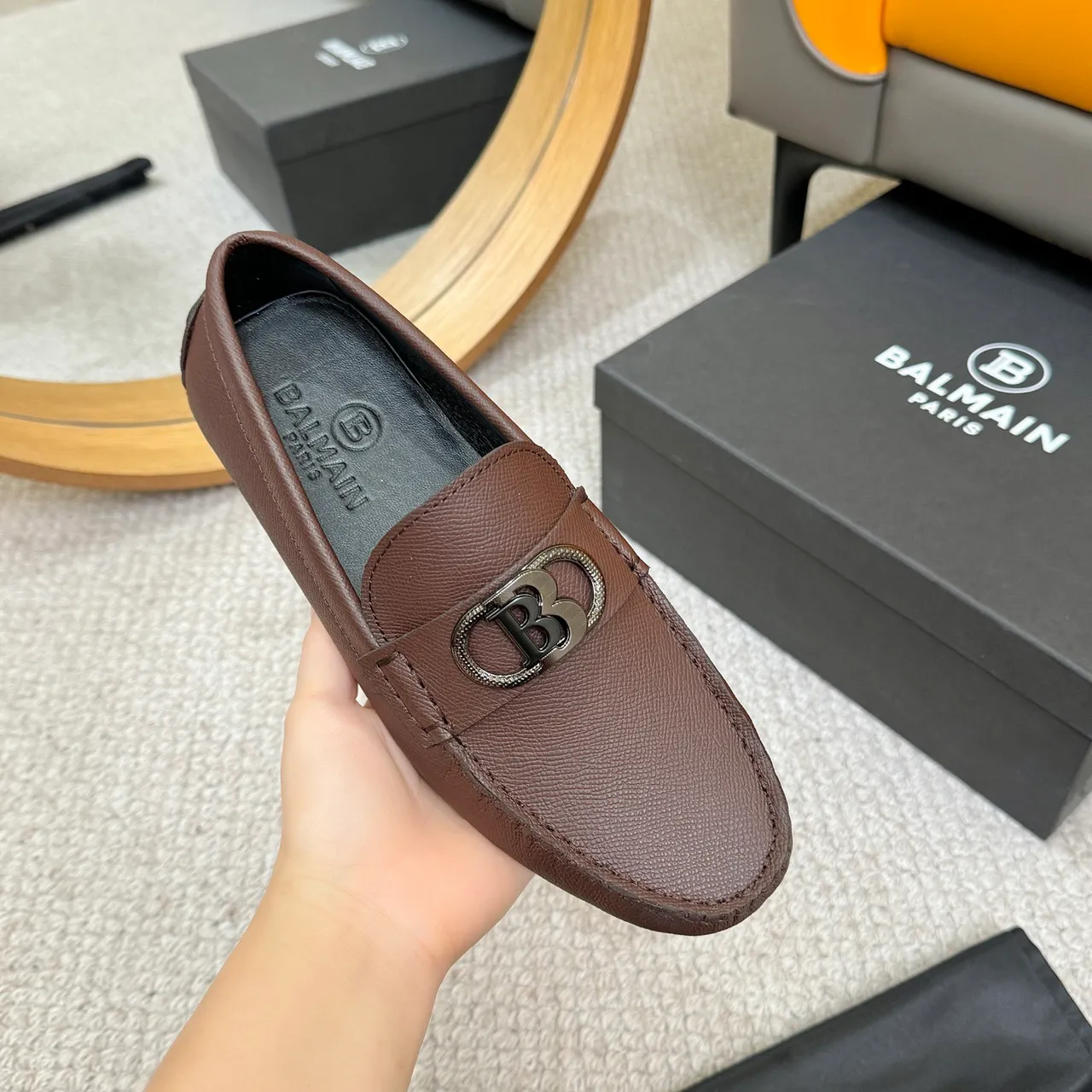 Balmain Brown Black Pebbled Leather Metal Monogram Buckle Loafer 5