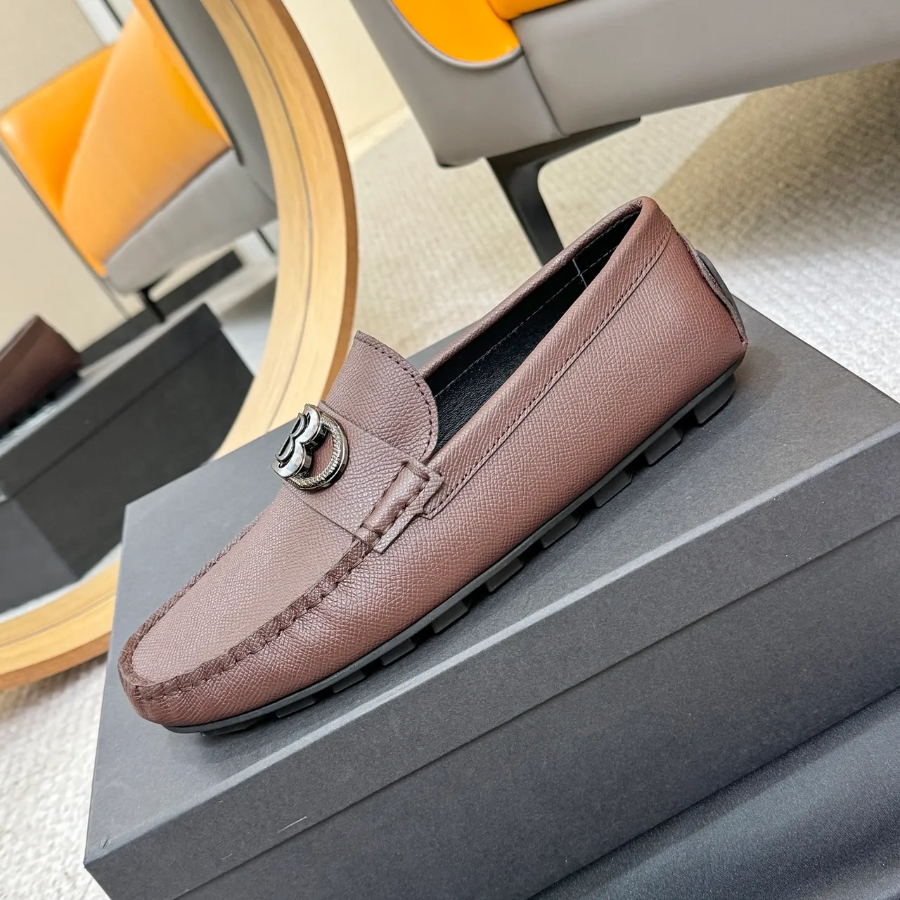 Balmain Brown Black Pebbled Leather Metal Monogram Buckle Loafer 6