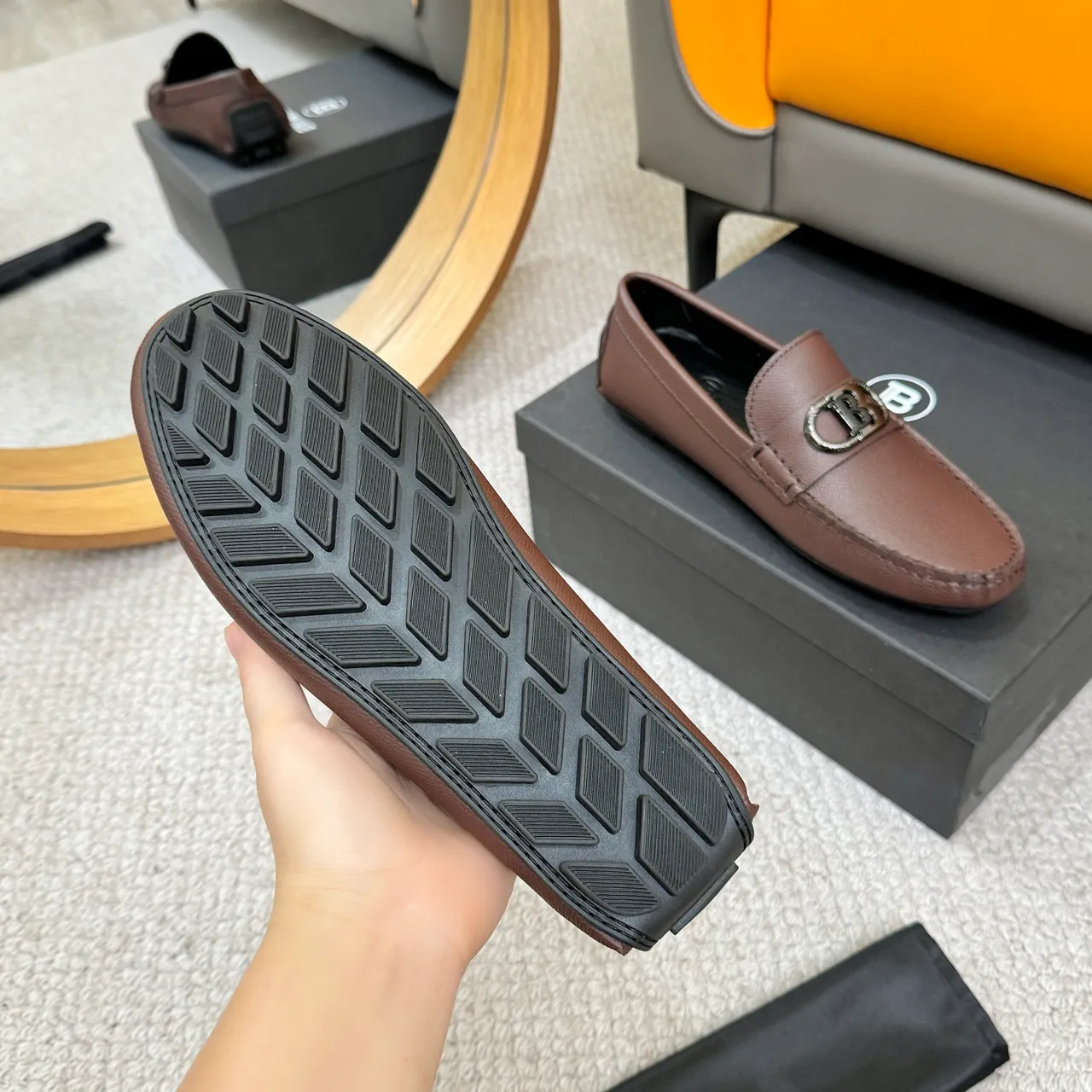 Balmain Brown Black Pebbled Leather Metal Monogram Buckle Loafer 7