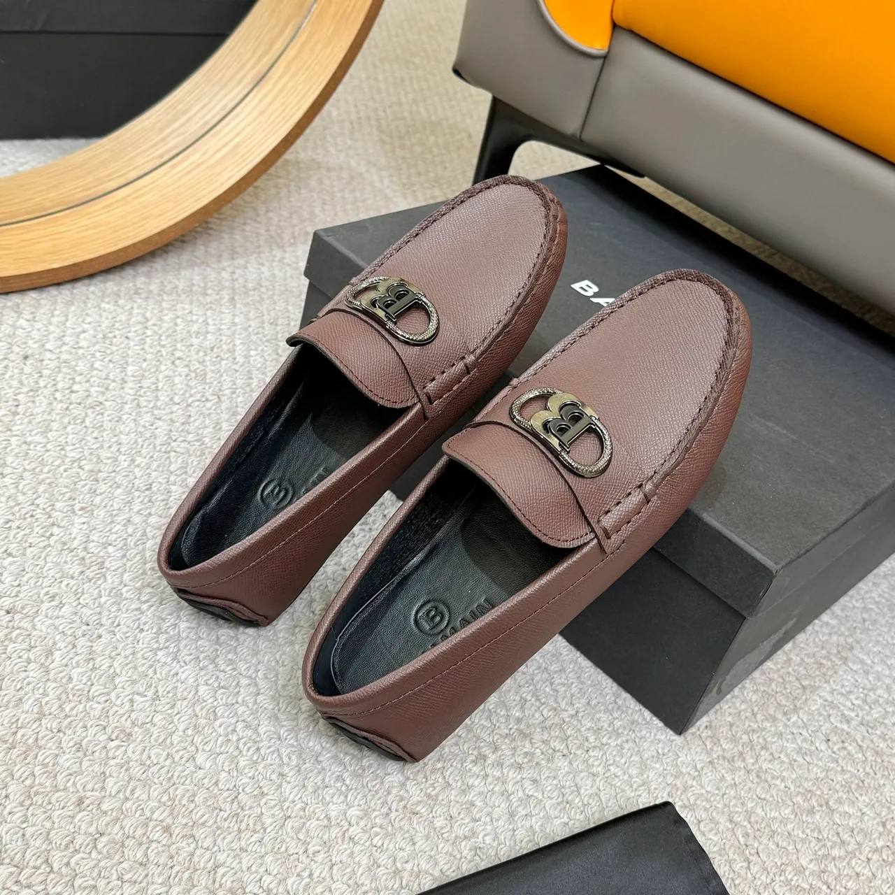 Balmain Brown Black Pebbled Leather Metal Monogram Buckle Loafer 8