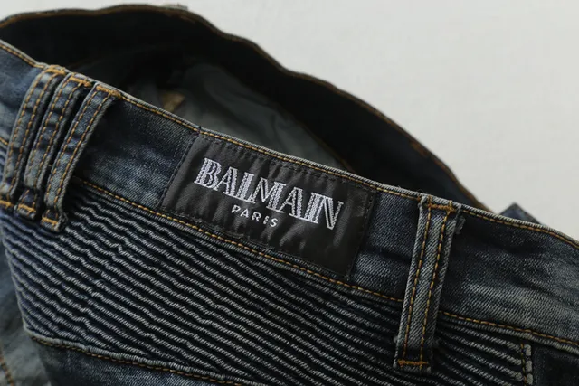 Balmain Pantalones Vaqueros de Mezclilla con Estilo de Motocicleta y Desgastados 12