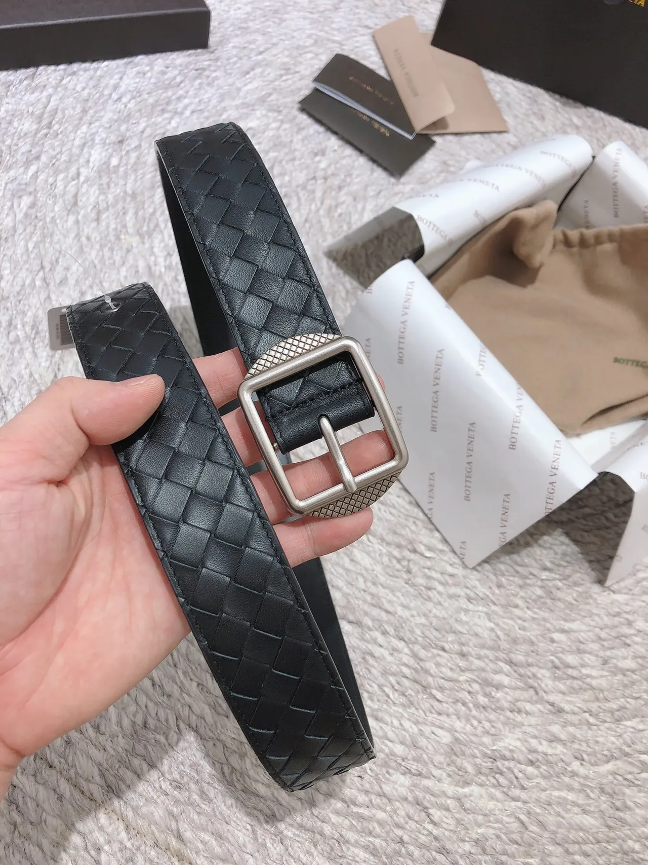 Bottega Veneta কালো রূপালী Intrecciato বুনা বর্গাকার বাকেল চামড়ার বেল্ট 2