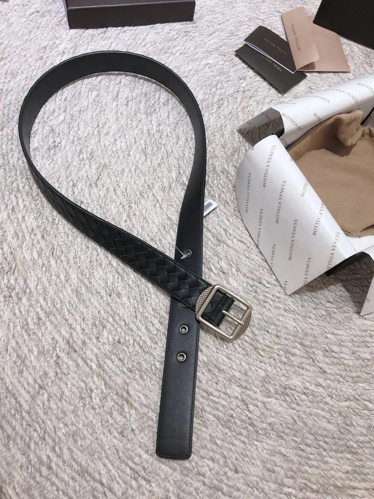 Bottega Veneta কালো রূপালী Intrecciato বুনা বর্গাকার বাকেল চামড়ার বেল্ট 5