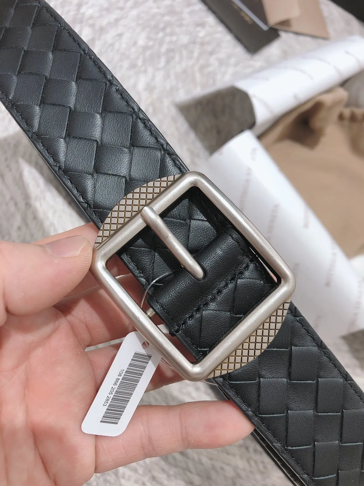 Bottega Veneta কালো রূপালী Intrecciato বুনা বর্গাকার বাকেল চামড়ার বেল্ট 7