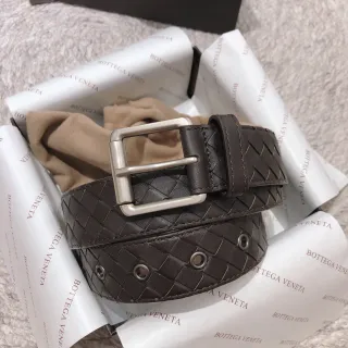 Bottega Veneta Intrecciato Belt Brown Silver Woven Rectangular Buckle Leather Belt