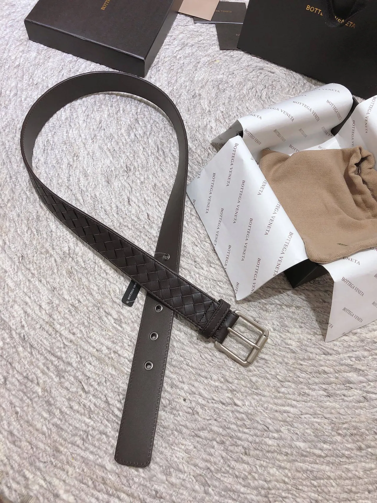 Bottega Veneta Intrecciato 棕色银色编织矩形扣皮革腰带 5