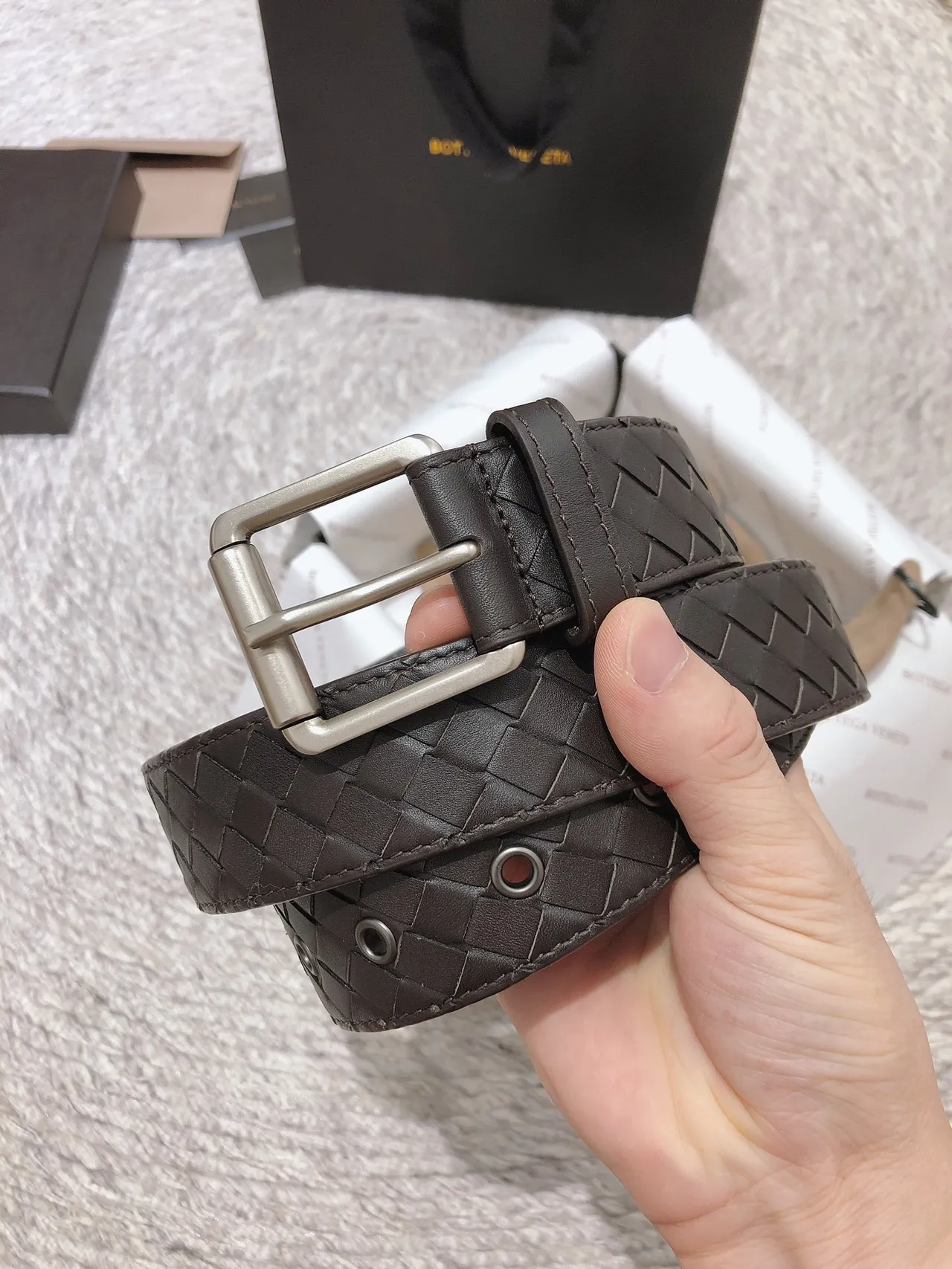 Bottega Veneta Intrecciato 棕色银色编织矩形扣皮革腰带 6