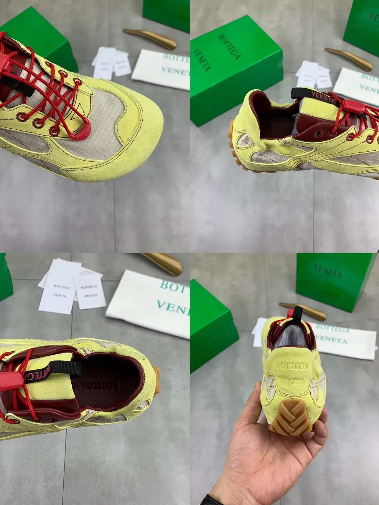 Bottega Veneta Amarillo lima y burdeos zapatillas lifestyle con cordones 2