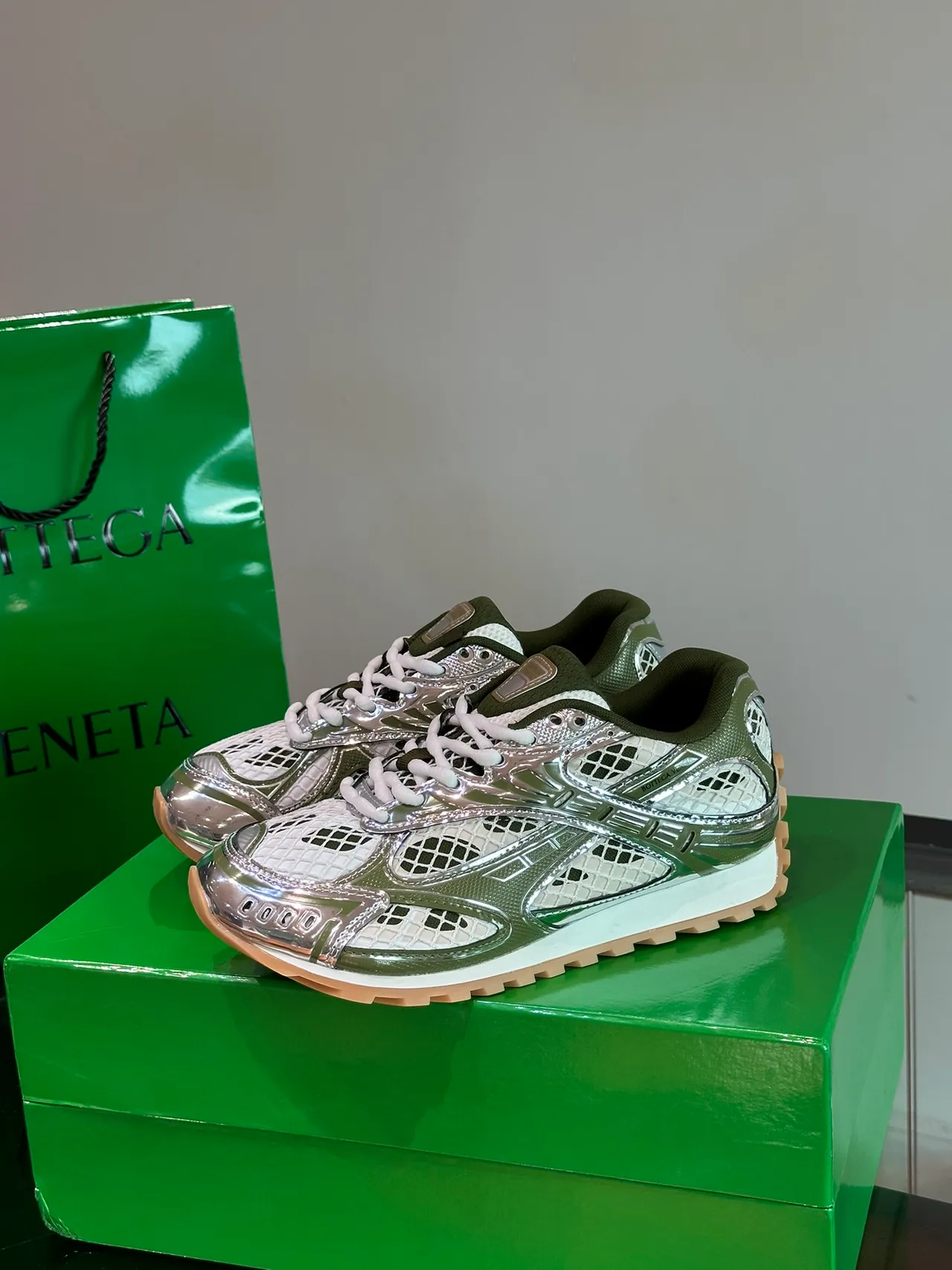 Bottega Veneta Metallic Olive and Silver Woven Mesh Lifestyle Sneakers 5