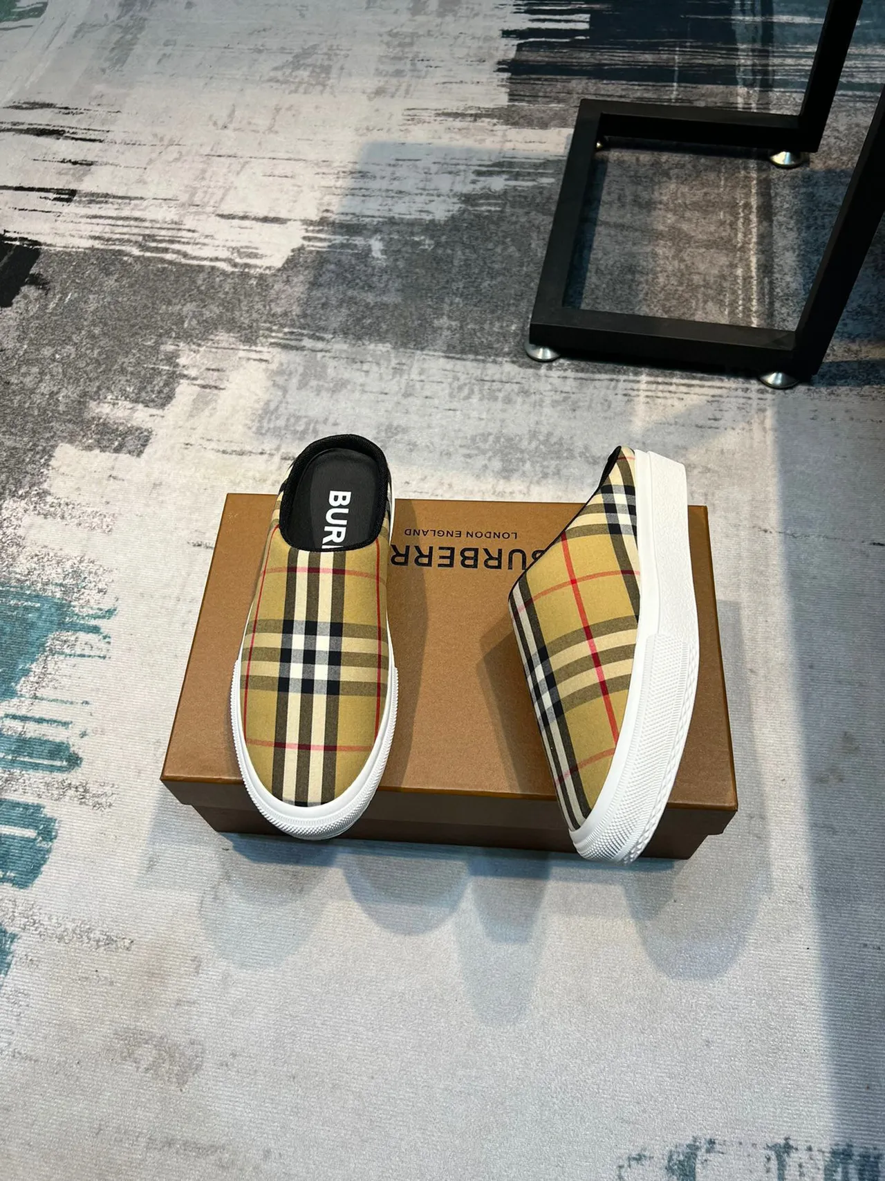 Burberry Beige White Check-Print Textile Backless Mule Casual Shoes 4