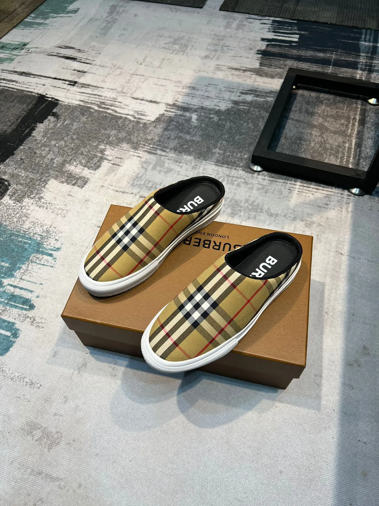 Burberry Beige White Check-Print Textile Backless Mule Casual Shoes 5