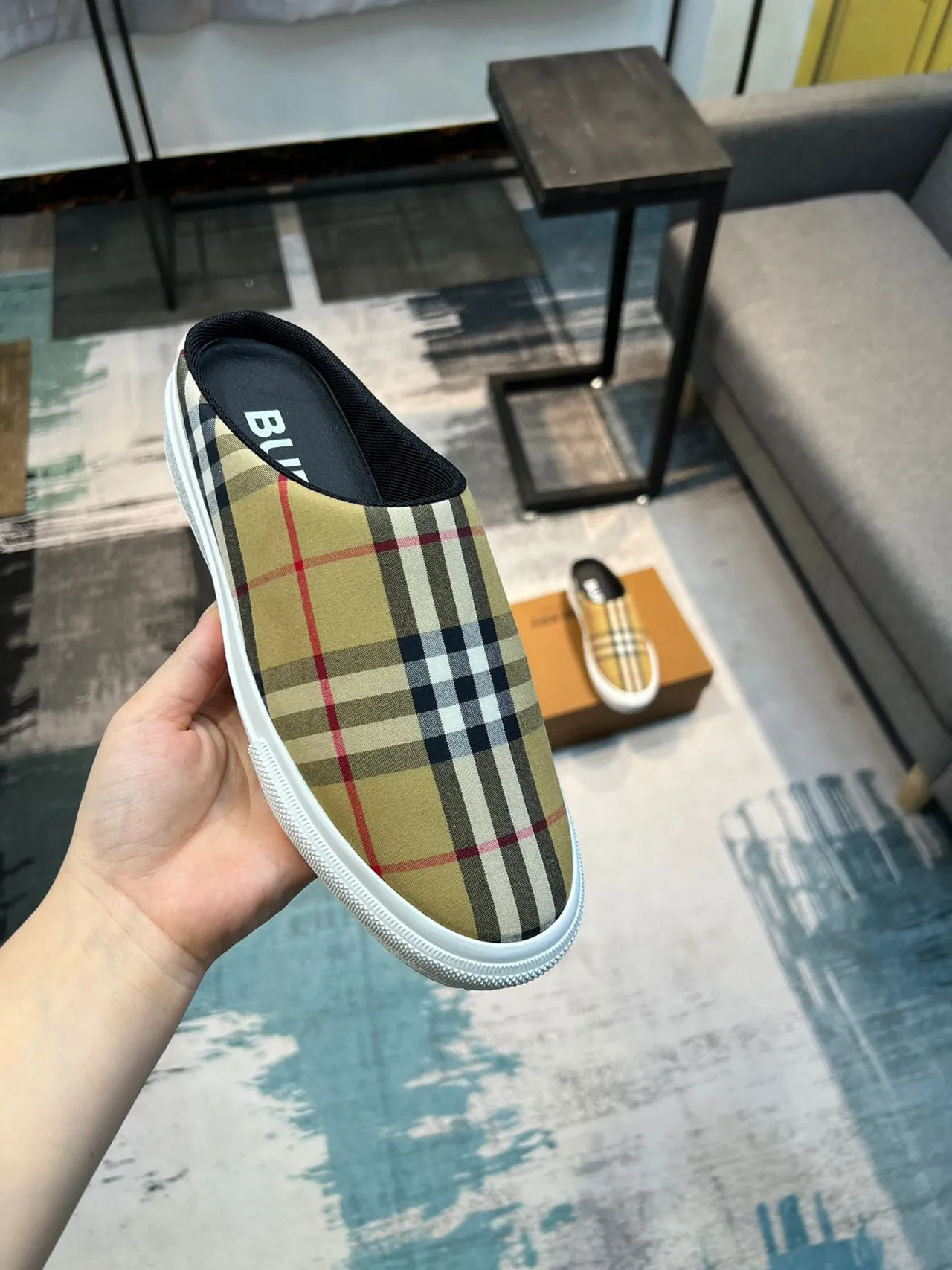 Burberry Beige White Check-Print Textile Backless Mule Casual Shoes 6