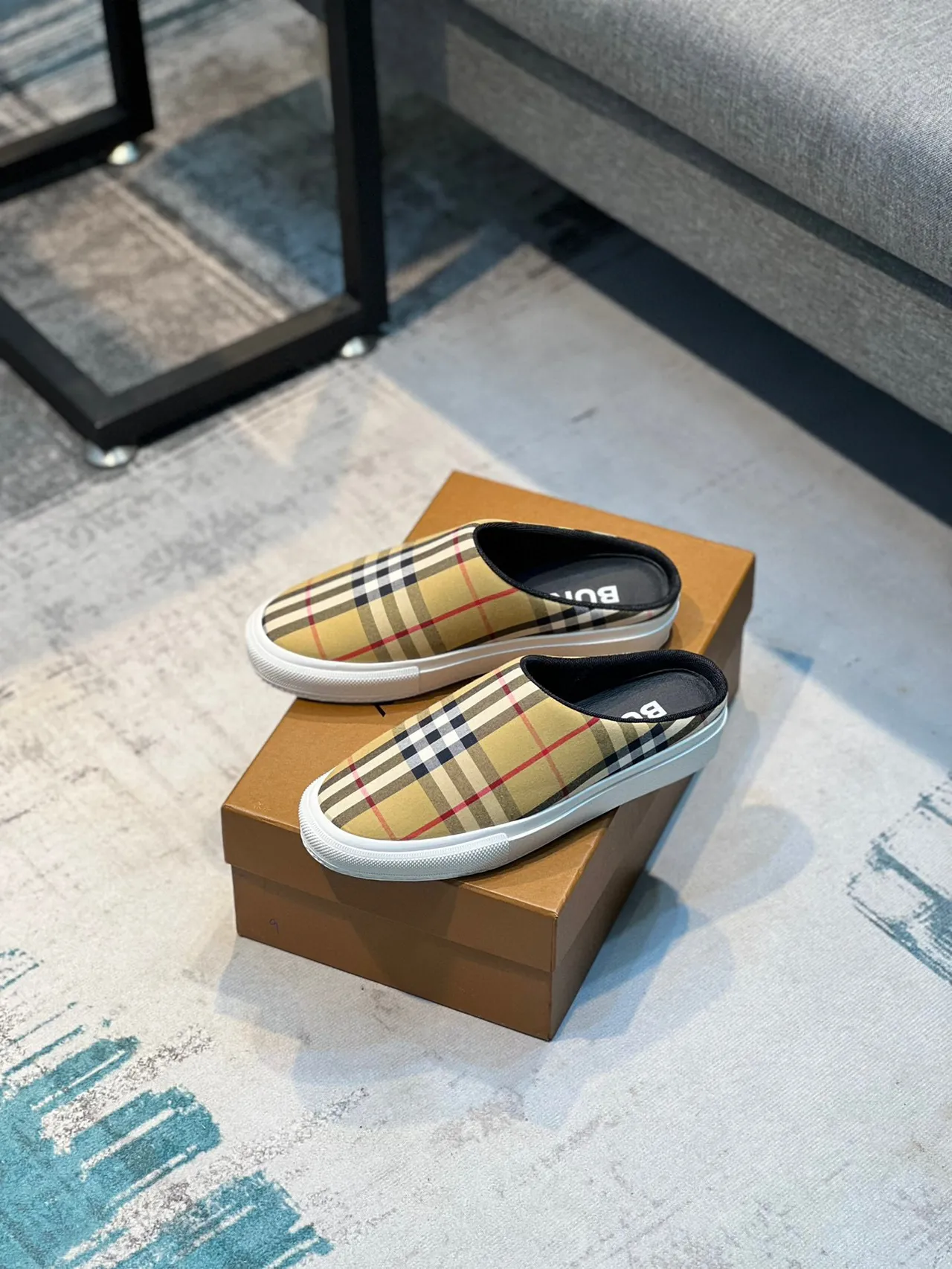 Burberry Beige White Check-Print Textile Backless Mule Casual Shoes 7