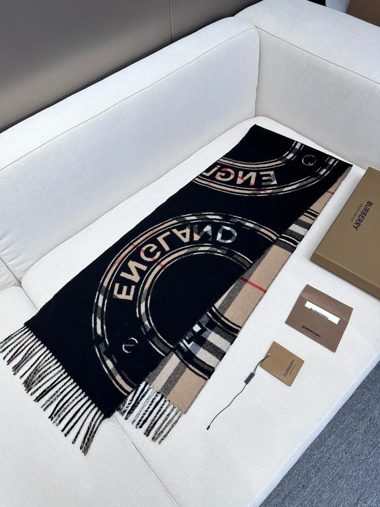 Burberry Black and Cream Fringed Cashmere Scarf 8