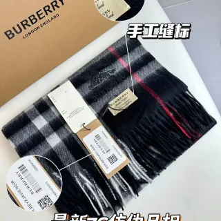 Burberry Preto Vermelho Padrão Xadrez Clássico Bordas Franjas Cachecol de Cashmere