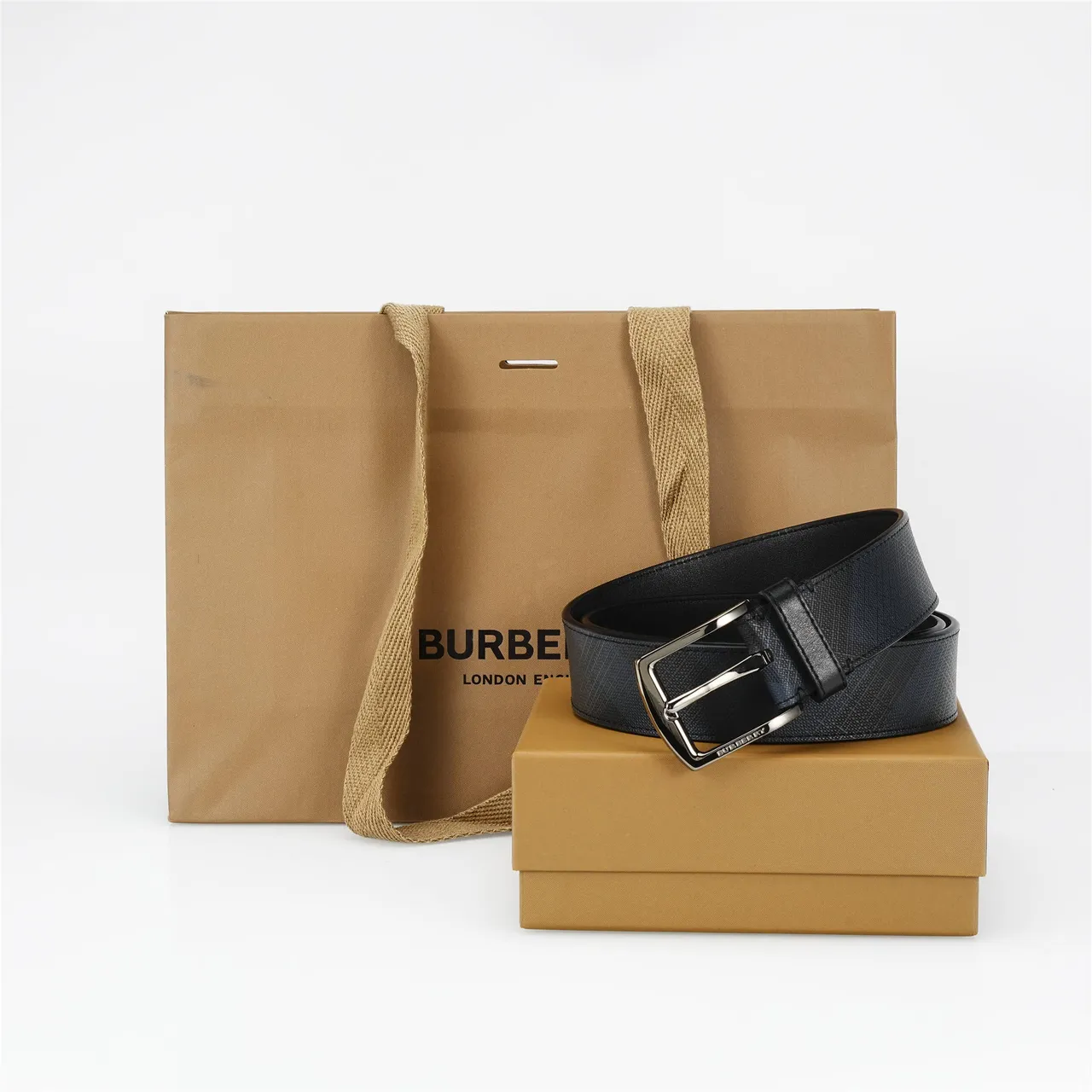 Burberry Black Silver Textured Diagonal Check Pattern Leather Belt 4