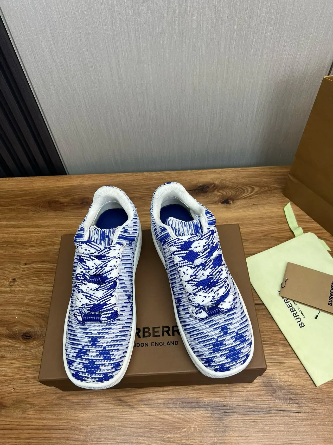 Burberry Blue and White Striped Knit Low-Top Sneakers 3