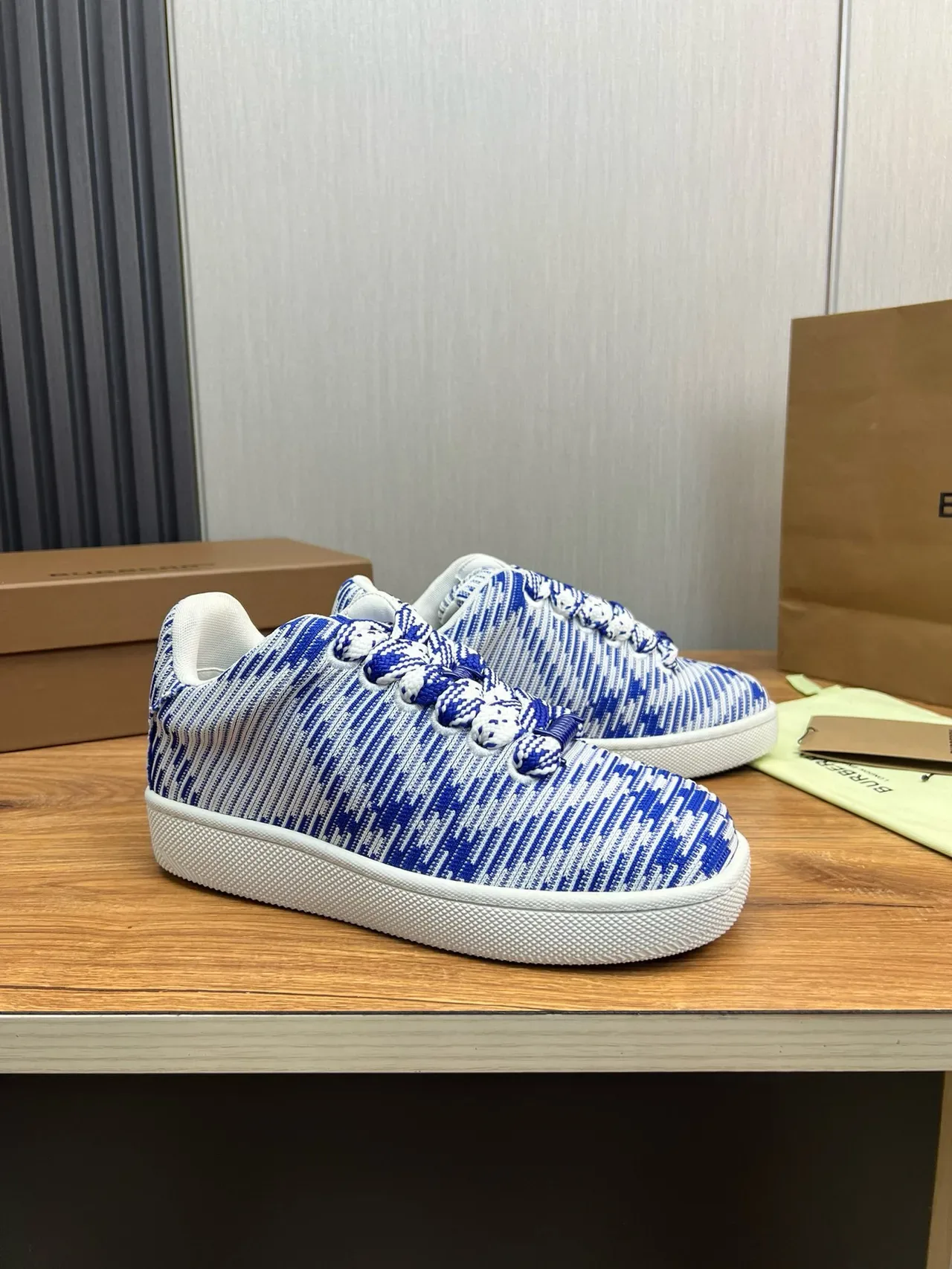 Burberry Blue and White Striped Knit Low-Top Sneakers 4