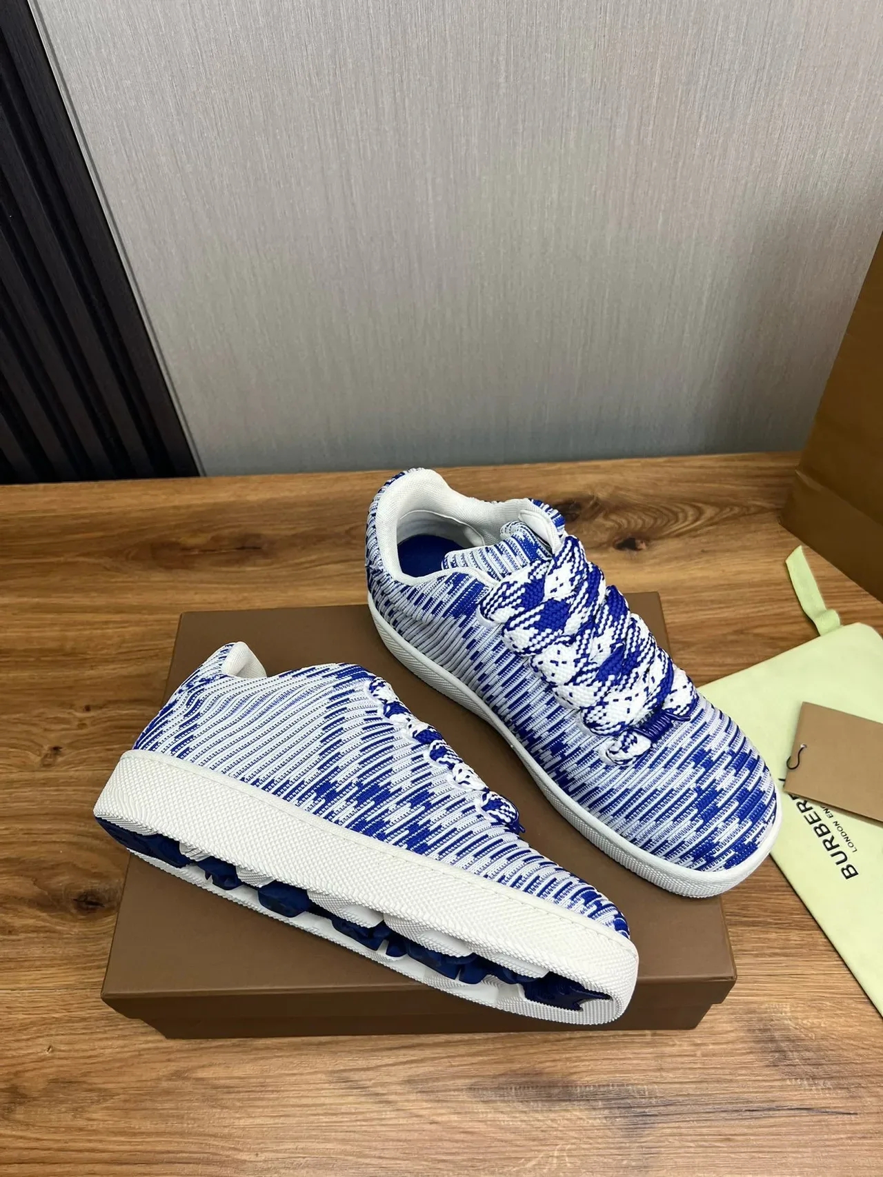 Burberry Blue and White Striped Knit Low-Top Sneakers 5