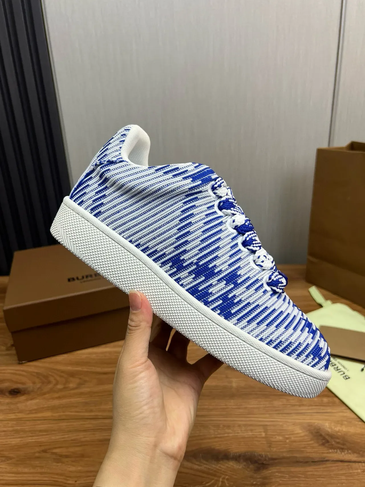 Burberry Blue and White Striped Knit Low-Top Sneakers 7