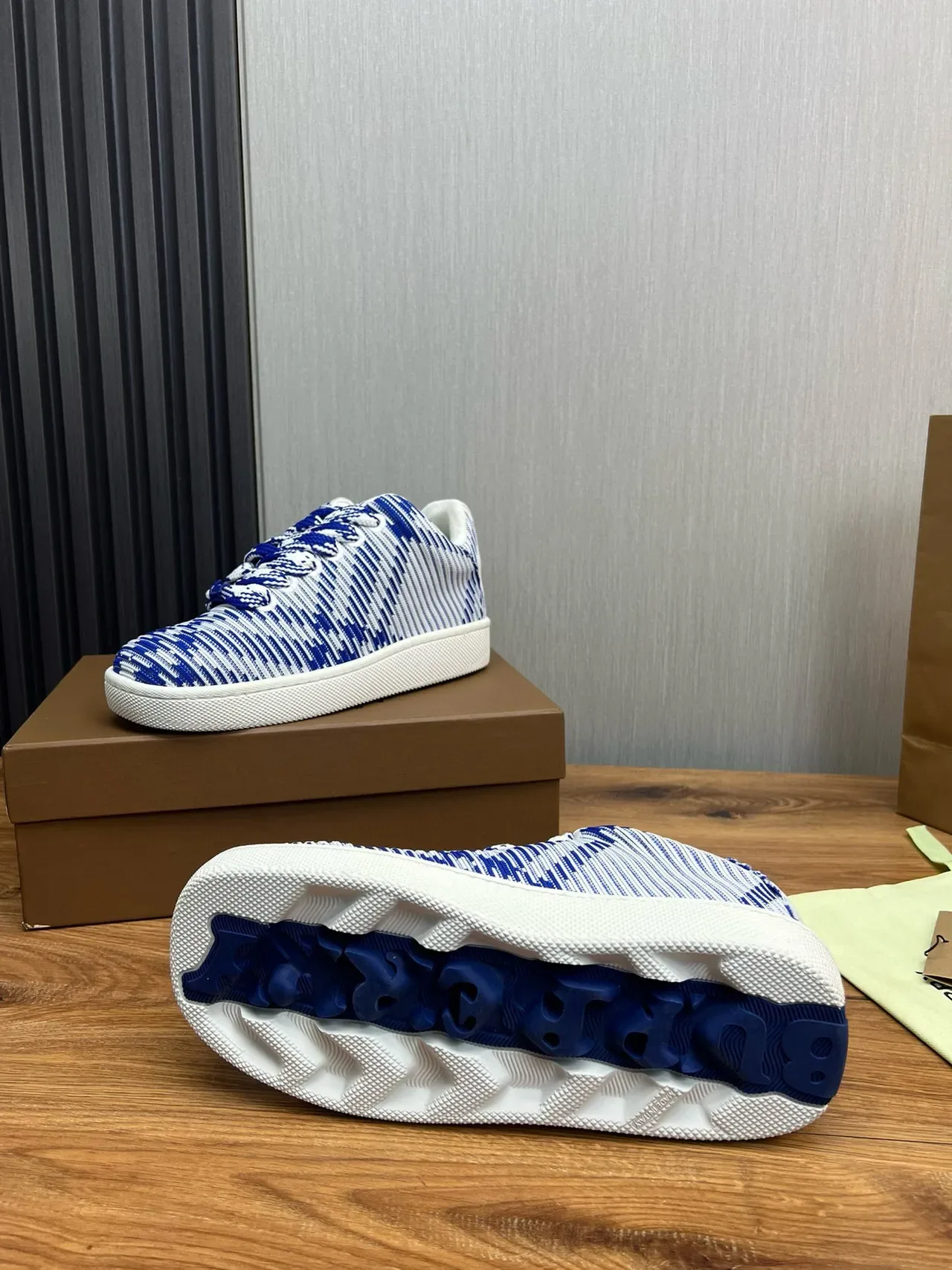 Burberry Blue and White Striped Knit Low-Top Sneakers 9