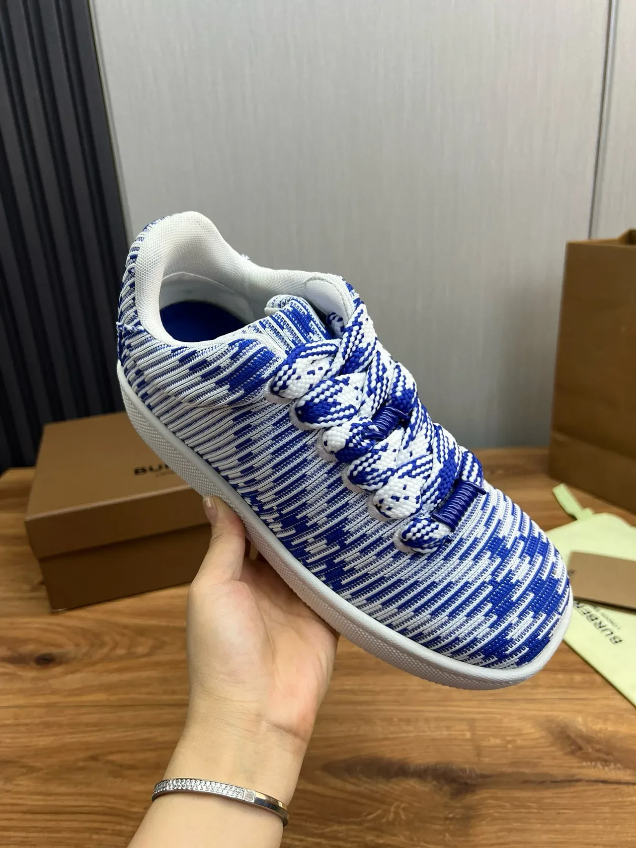 Burberry Blue and White Striped Knit Low-Top Sneakers 10