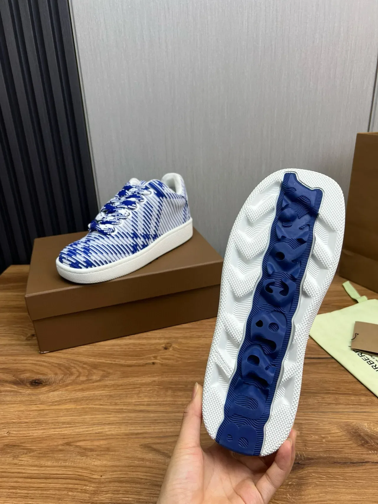 Burberry Blue and White Striped Knit Low-Top Sneakers 12
