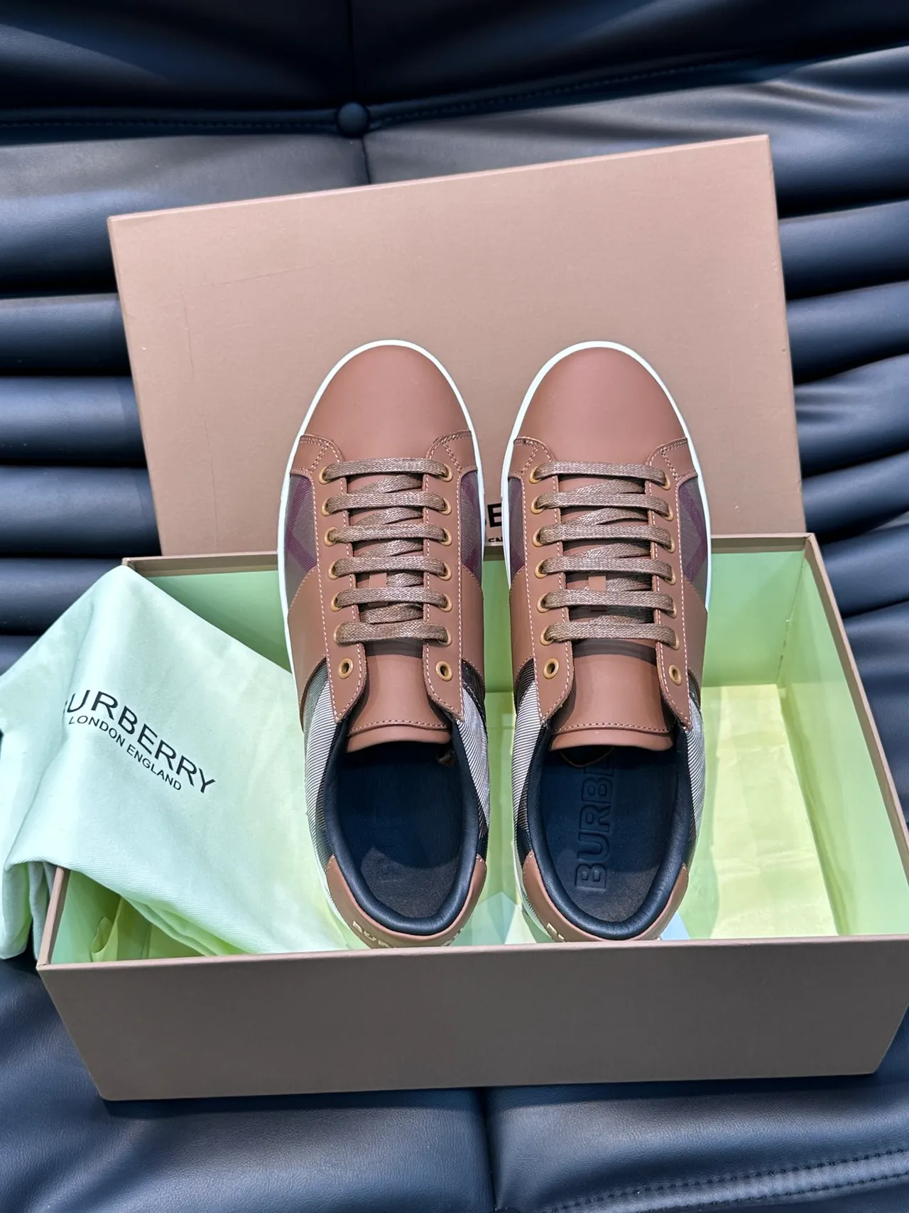 Burberry Brown Beige House Check Paneling Tan Leather Overlays Lifestyle Sneakers 2