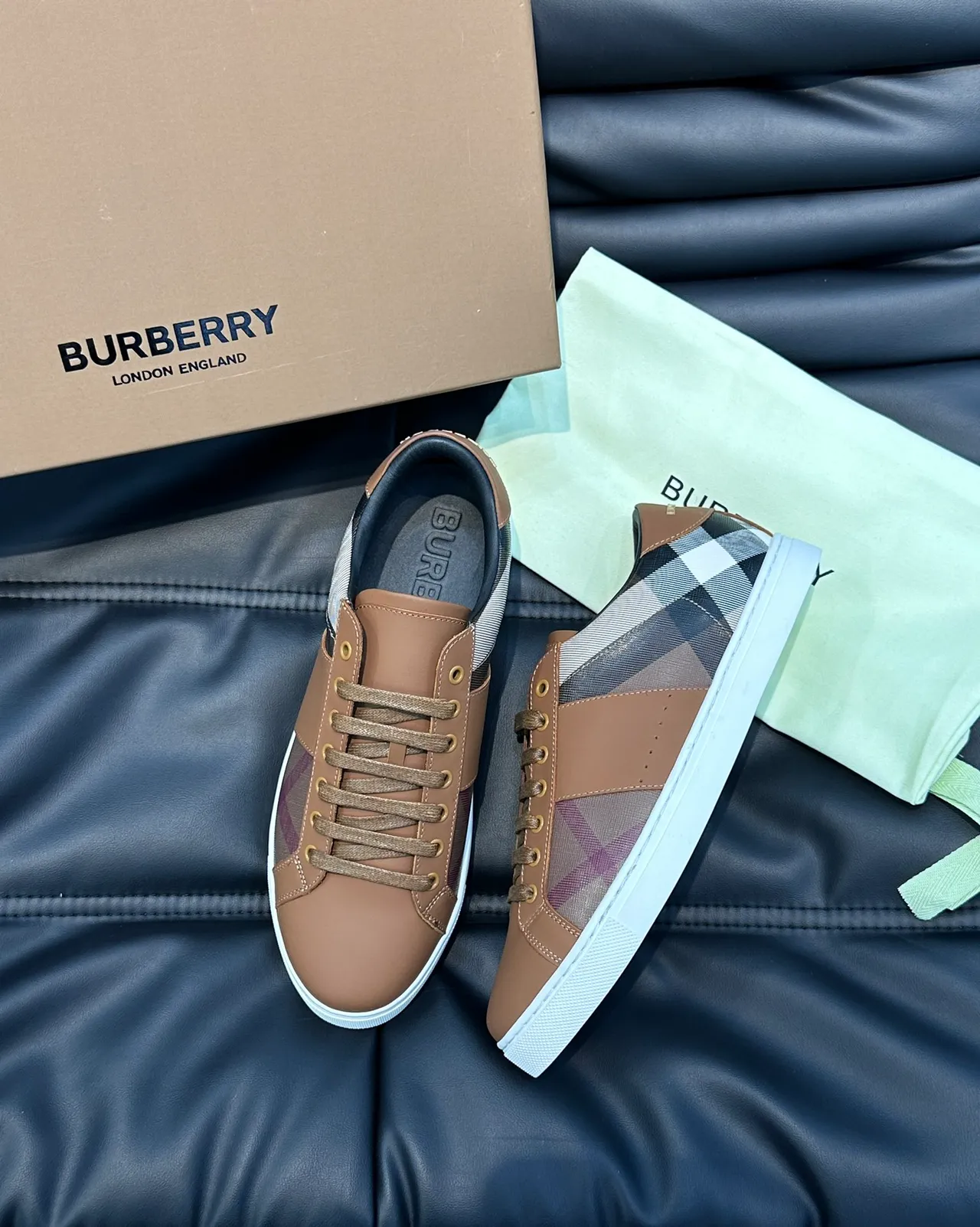 Burberry Brown Beige House Check Paneling Tan Leather Overlays Lifestyle Sneakers 5