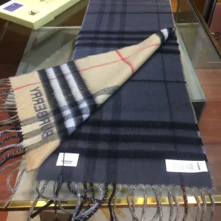 Burberry Cachecol Clássico Xadrez Azul Marinho Beige Padrão Bordas Franjas Cachemira Cachecol