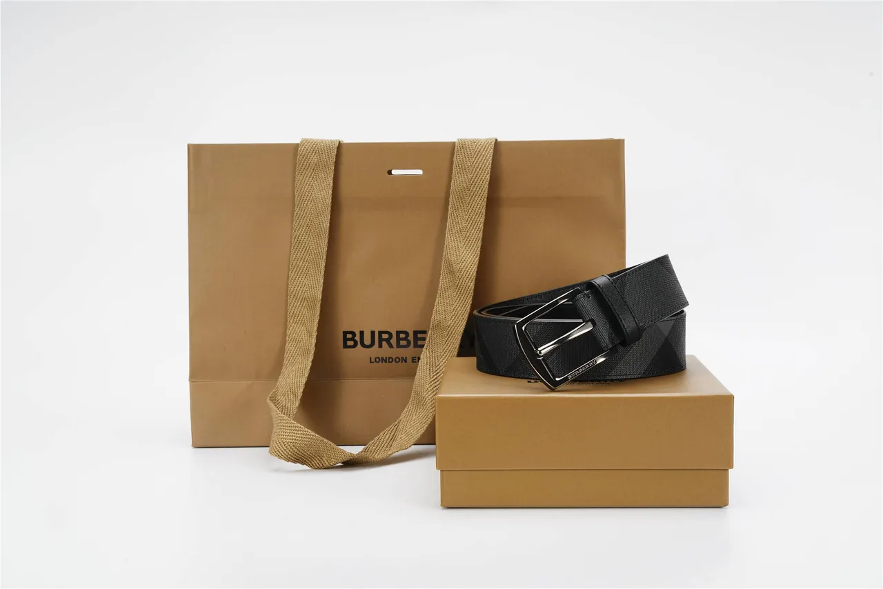 Burberry ডায়াগোনাল চেক কালো ধূসর নিদর্শন বোনা কাপড় চামড়ার বেল্ট 4