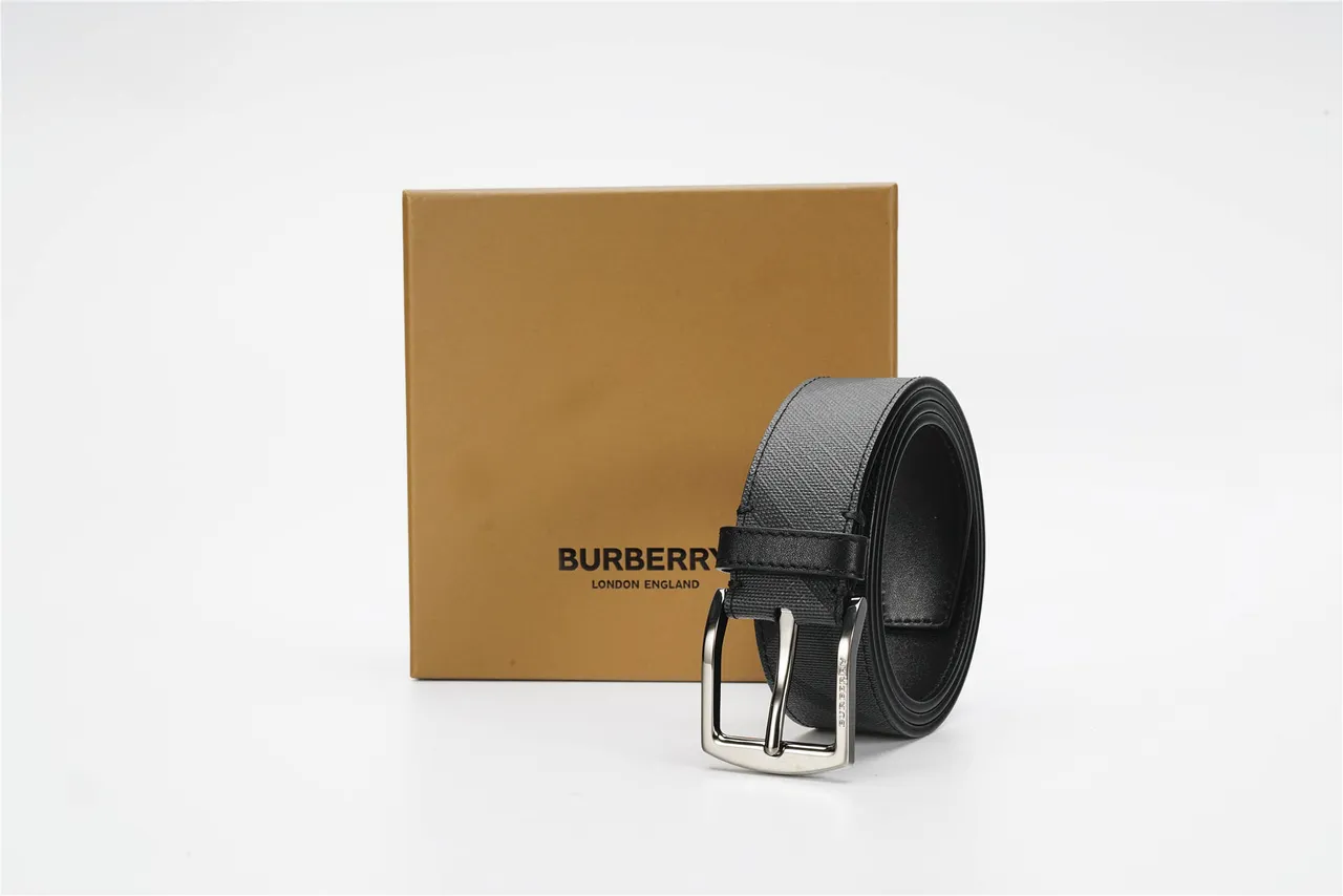 Burberry ডায়াগোনাল চেক কালো ধূসর নিদর্শন বোনা কাপড় চামড়ার বেল্ট 5