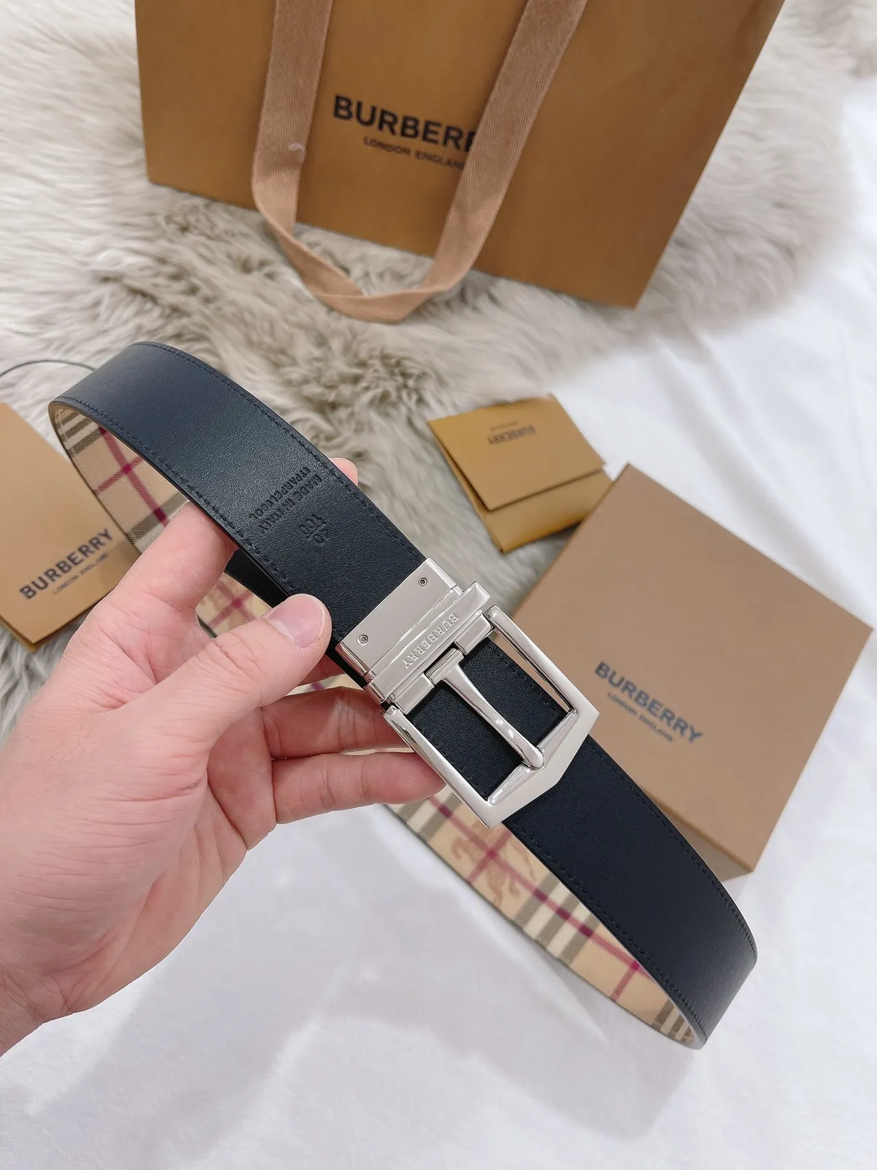 Burberry Haymarket Check Reversible Leather Belt 7