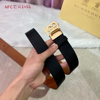 Burberry Knight Black Brown Pebbled Gold-Tone TB Monogram Buckle Leather Belt