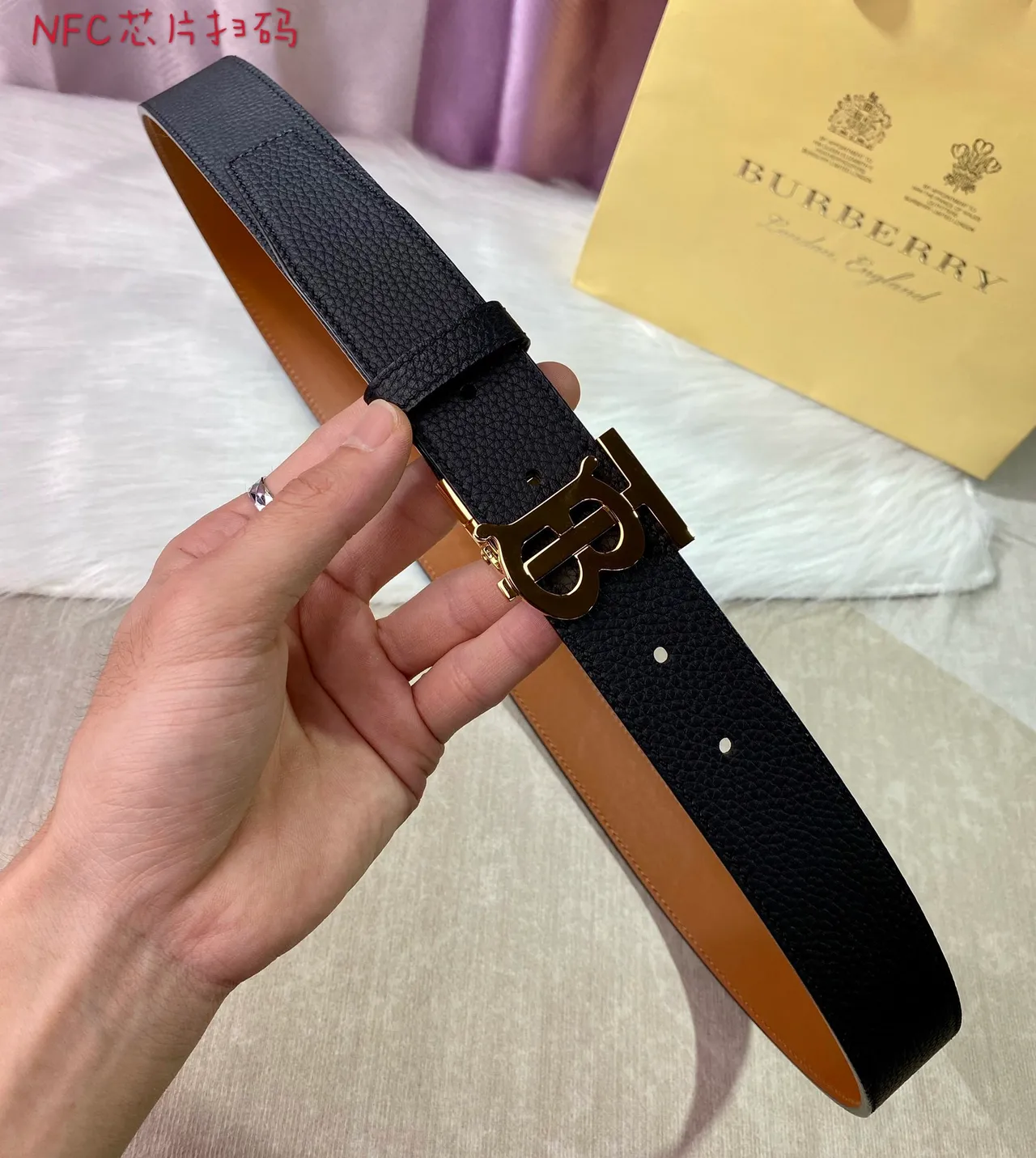 Burberry Knight أسود بني Pebbled ذهبي التدرج TB مونوغرام مشبك حزام جلدي 3