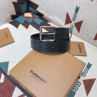 Burberry Knight Black Silver Embossed Monogram Buckle Leather Belt