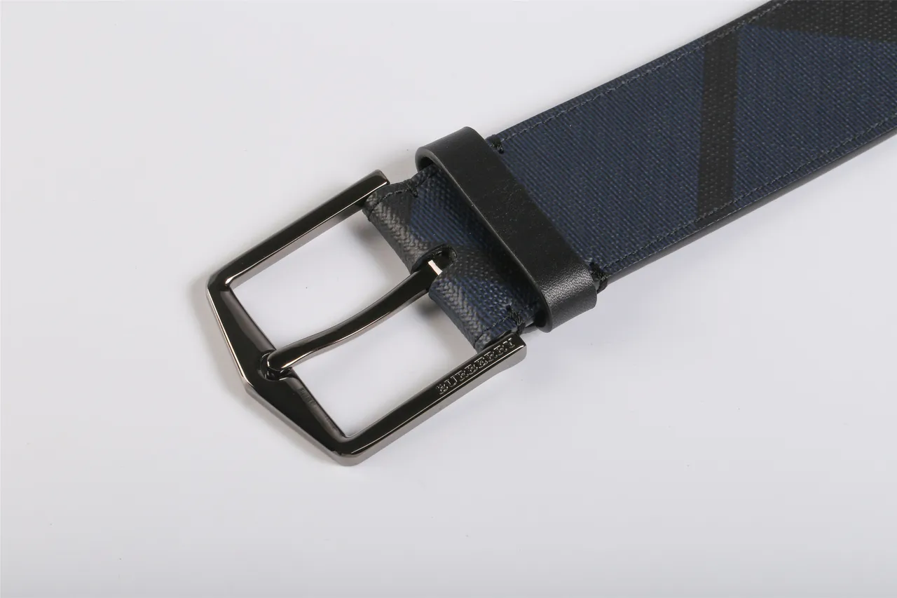 Burberry Navy Black Geometric Check Pattern Polished Rectangular Buckle Leather Belt 3