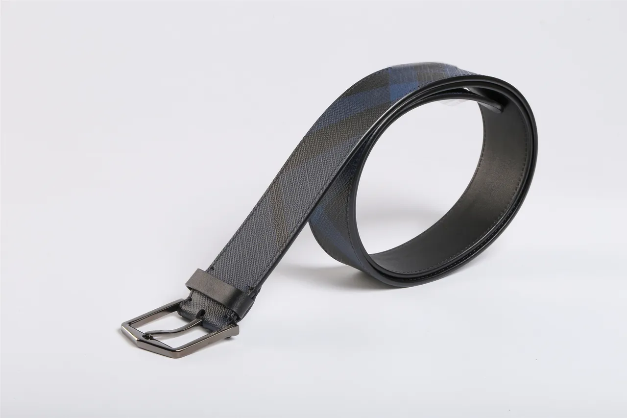 Burberry Navy Black Geometric Check Pattern Polished Rectangular Buckle Leather Belt 4