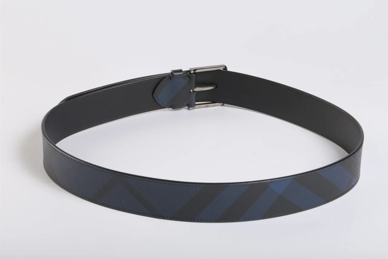 Burberry Navy Black Geometric Check Pattern Polished Rectangular Buckle Leather Belt 6