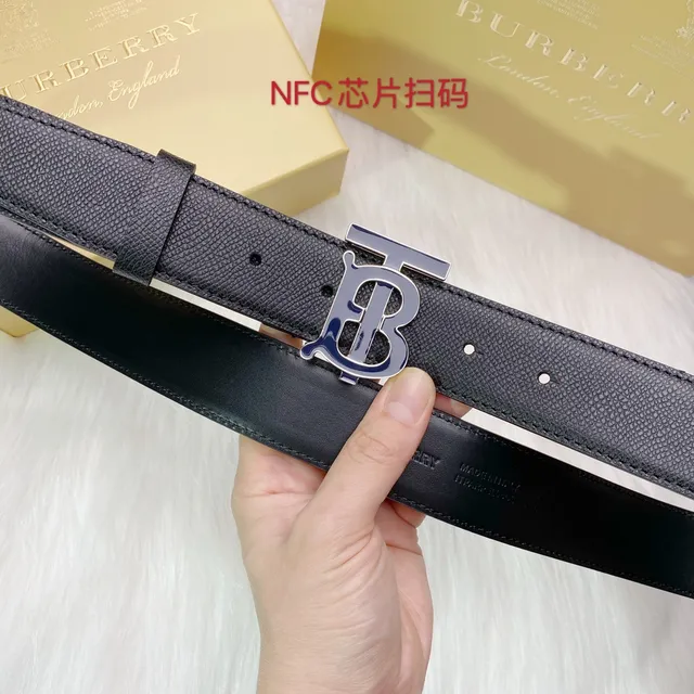Burberry TB حزام أسود فضي متموج نقشة إبزيم جلدي حزام 3
