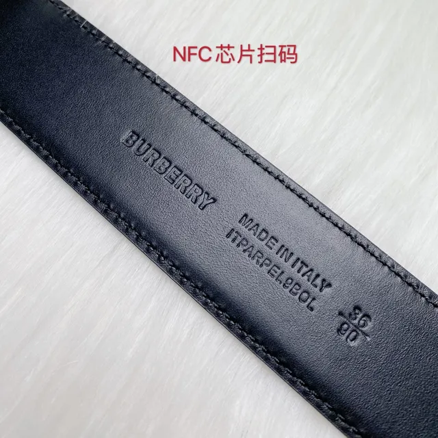 Burberry TB حزام أسود فضي متموج نقشة إبزيم جلدي حزام 6
