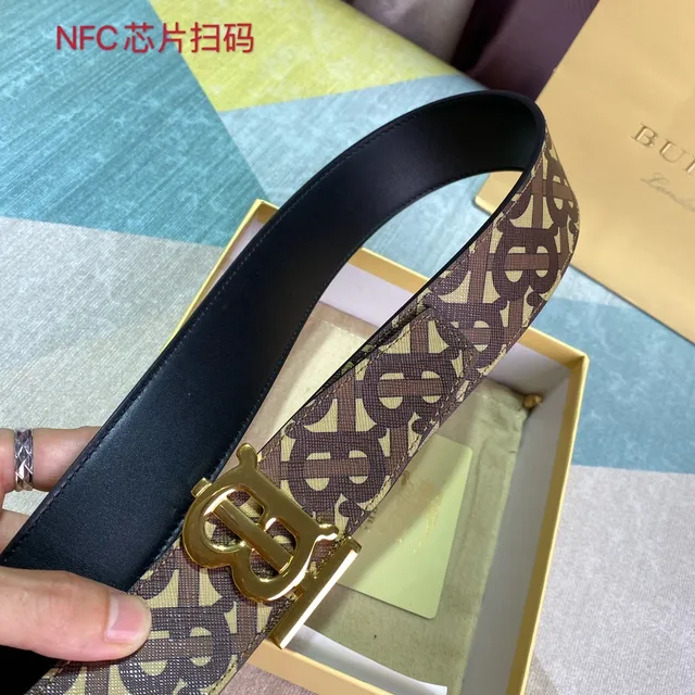 Burberry TB Monogram বেল্ট বাদামী বেইজ সোনালি-টোন বাকল ক্যানভাস বেল্ট 2