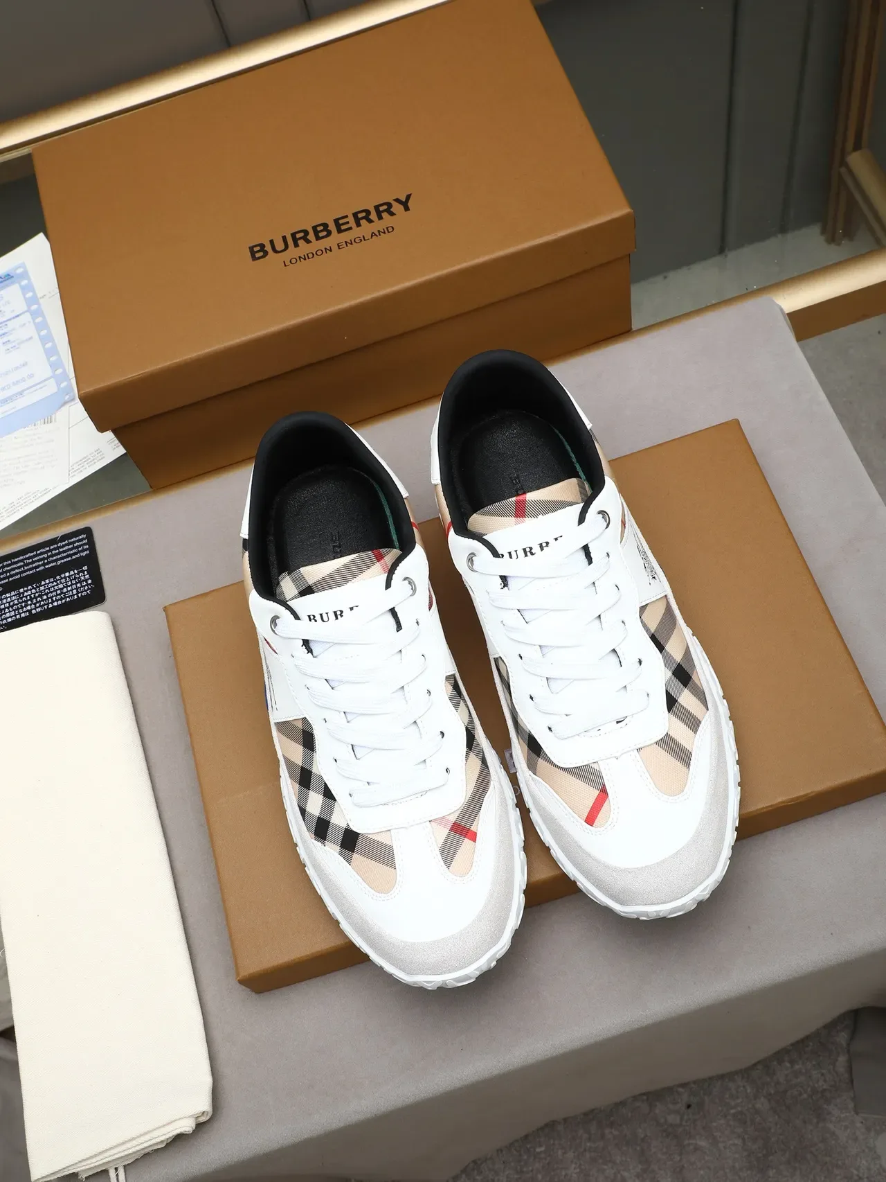 Burberry White Beige House Check Paneling Suede And Leather Mix Lifestyle Sneakers 2