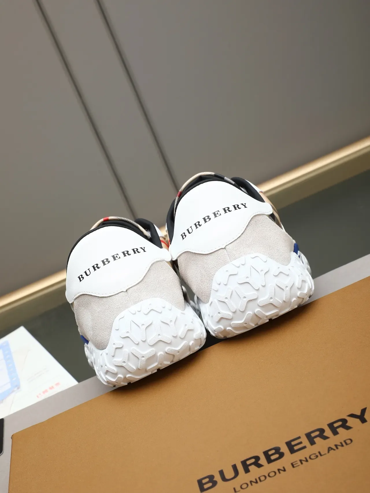 Burberry White Beige House Check Paneling Suede And Leather Mix Lifestyle Sneakers 3